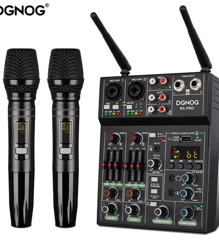 4 Channel Audio Mixer with Wireless Microphone USB Sound Table Bluetooth Console DJ Mixing for Party Karaoke Machine Soundbar