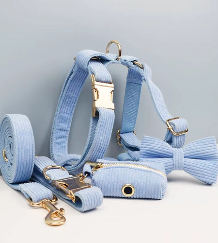 Blue Corduroy Dog Collar and Leash Set for Dogs Custom Engraved Nameplate Pet Supplies Dog Leash Corduroy08